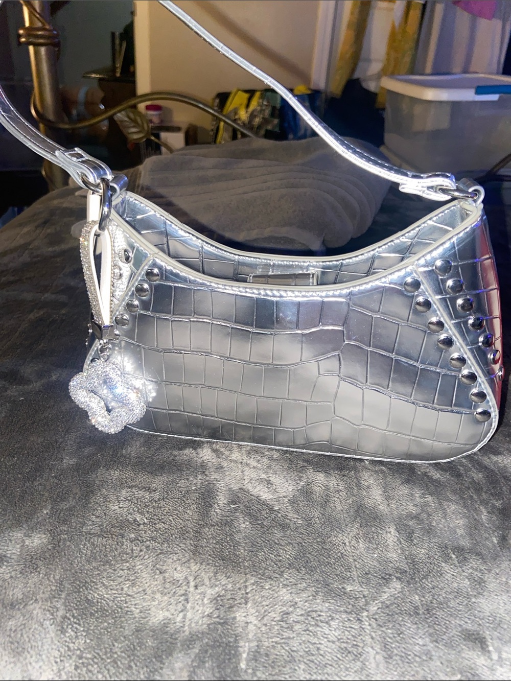 Fashion Nova Metallic Silver Croc-Embossed Mini Shoulder Bag